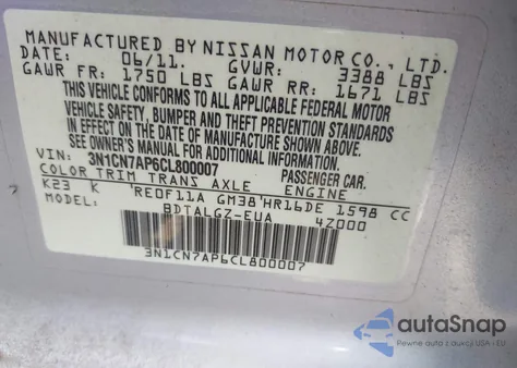 2012 Nissan Versa 1.6 S/1.6 Sl/1.6 Sv z USA, uszkodzony, nr VIN 3N1CN7AP6CL800007